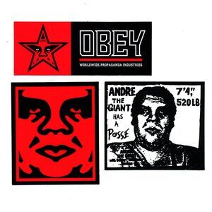 THREE Shepard Fairey Stickers: Obey + Andre the Giant Has A Posse + Icon